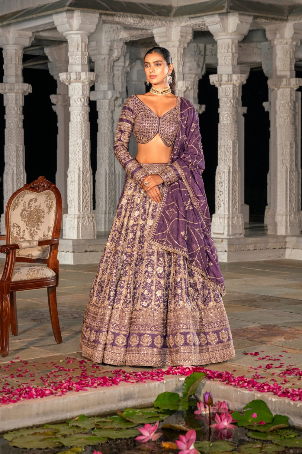 Purple banarasi silk lehenga choli with marodi work