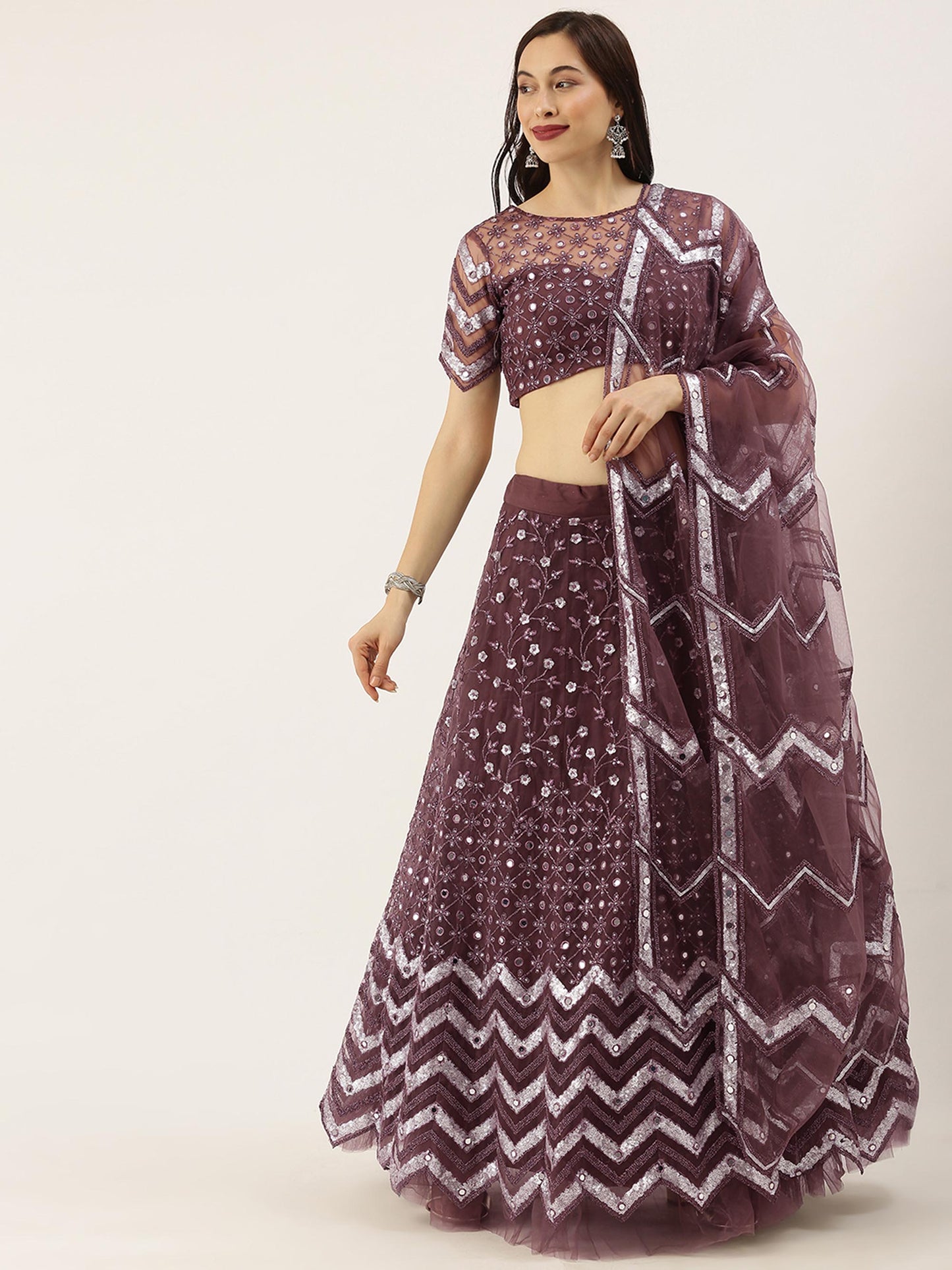 Burgundy Net Semi Stitched Coding, Sequins and Mirror work Lehenga Choli