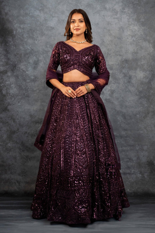 Wine net lehenga choli with sequins, hand cut dana and dori work