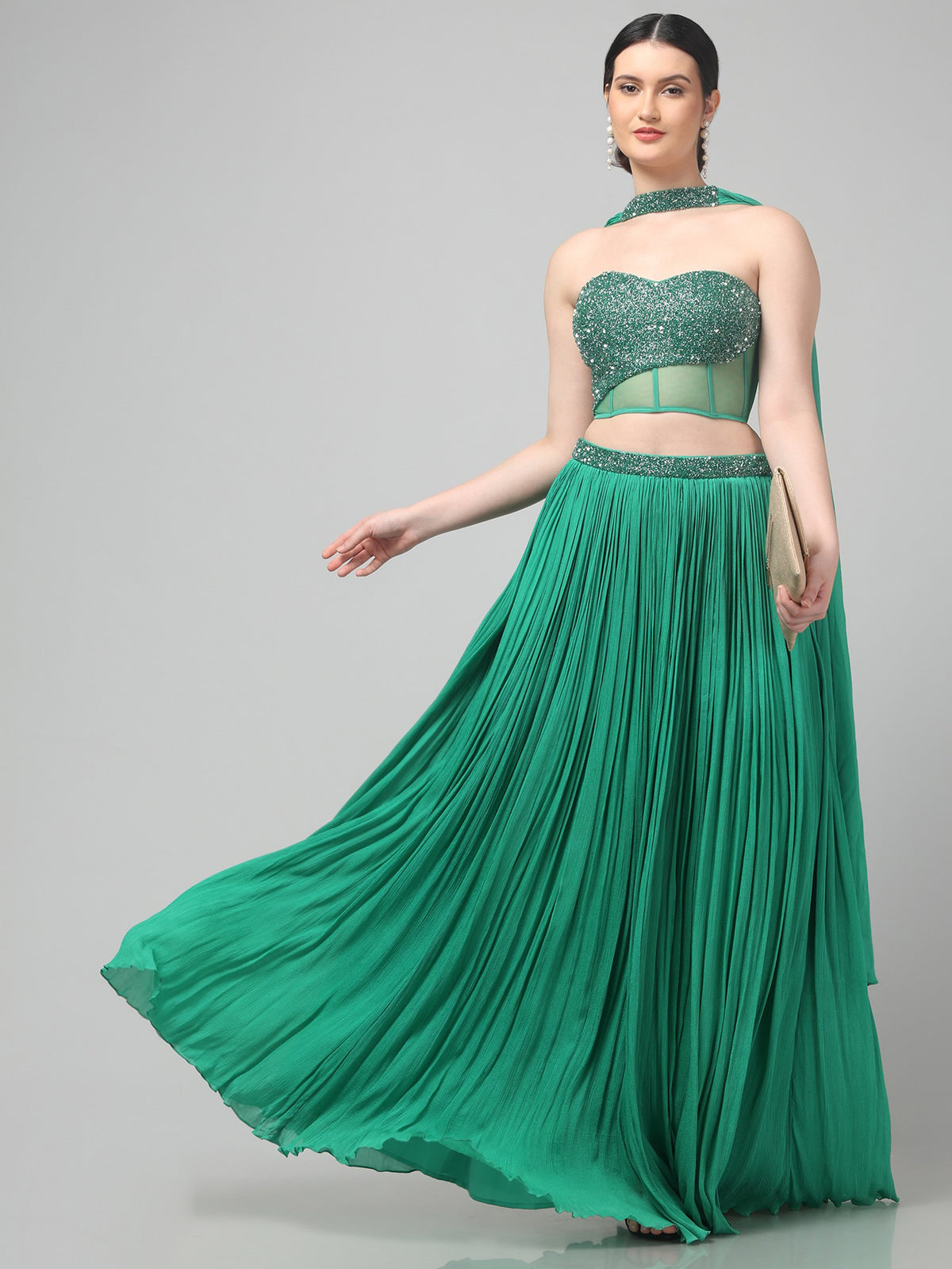 Emerald Green Corset Pure Chinnon Cutdana & Sequence Hand Work Party Wear pleated Skirt & Dupatta