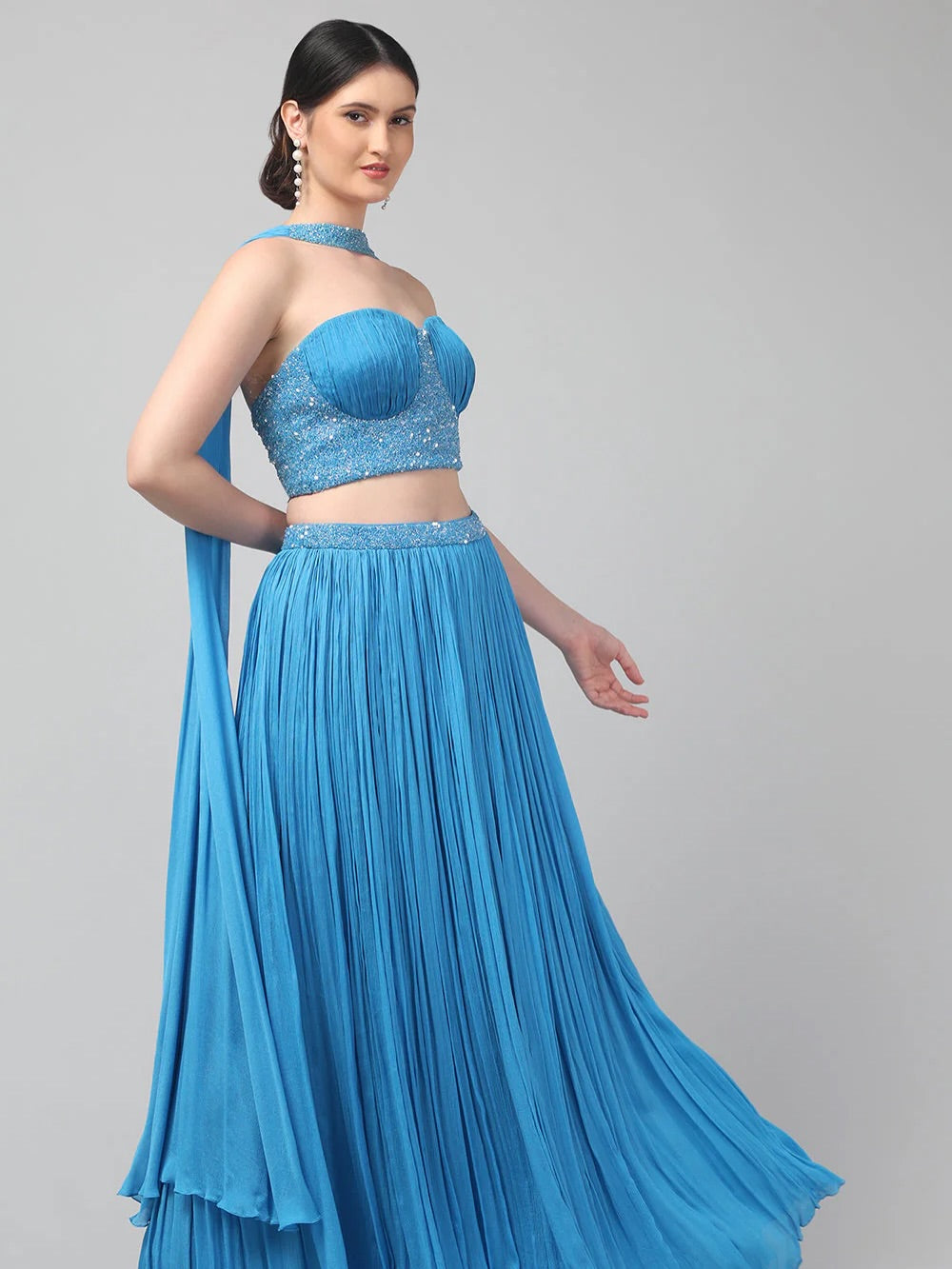 Sky-blue Corset Pure Chinnon Cutdana & Sequence Hand Work Party Wear pleated Skirt & Dupatta