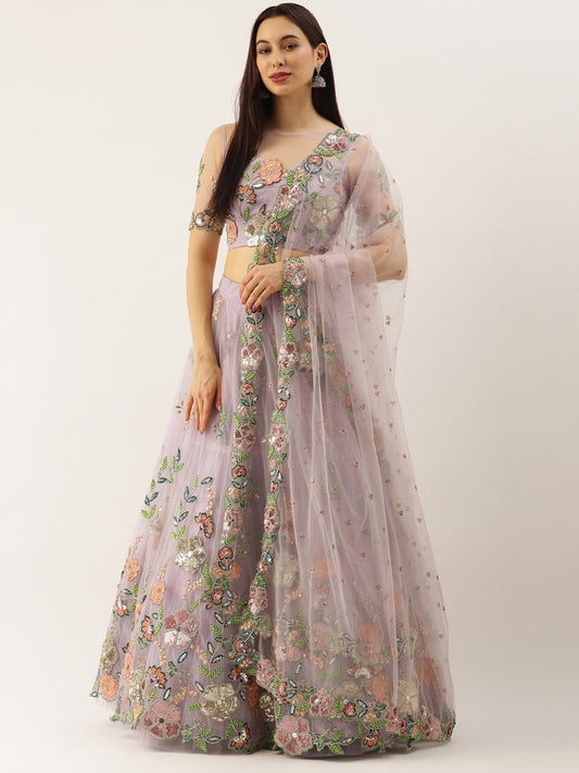 Lavender - Net Embroidered Sequence Semi-Stitched Lehenga