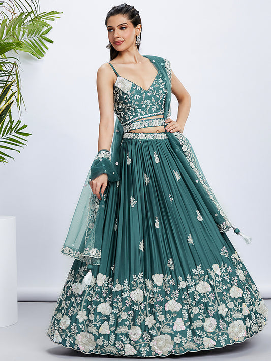Turquoise blue Pure Georgette Sequins and thread embroidery Lehenga