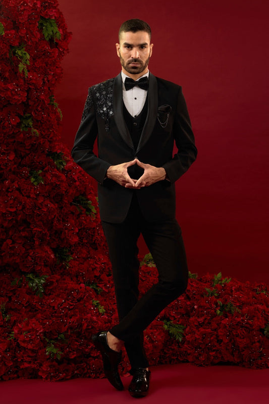 Black silk suit set with hand and machine work