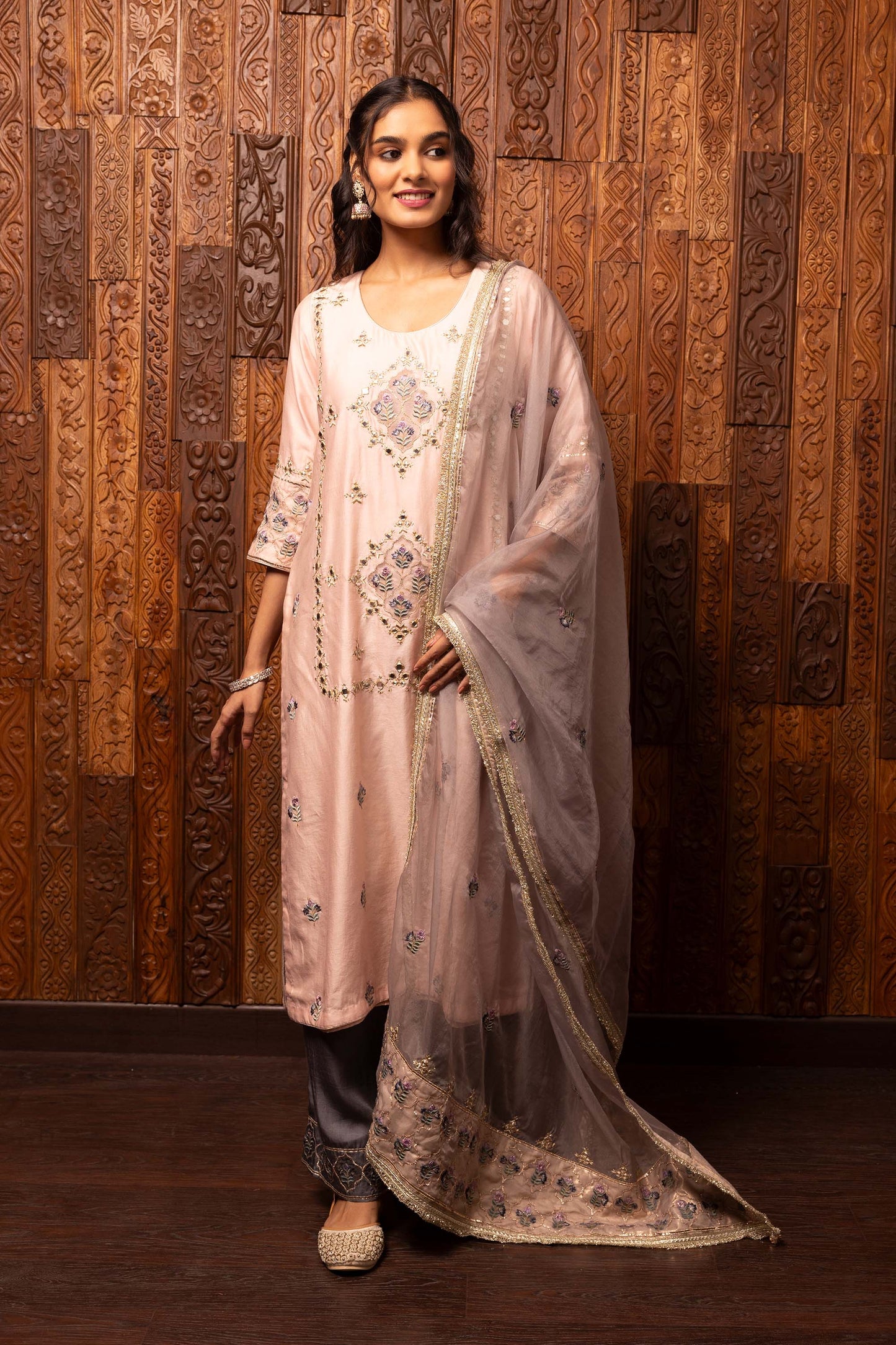 Tales of grace Light Pink Chanderi silk Embroidered Suit set