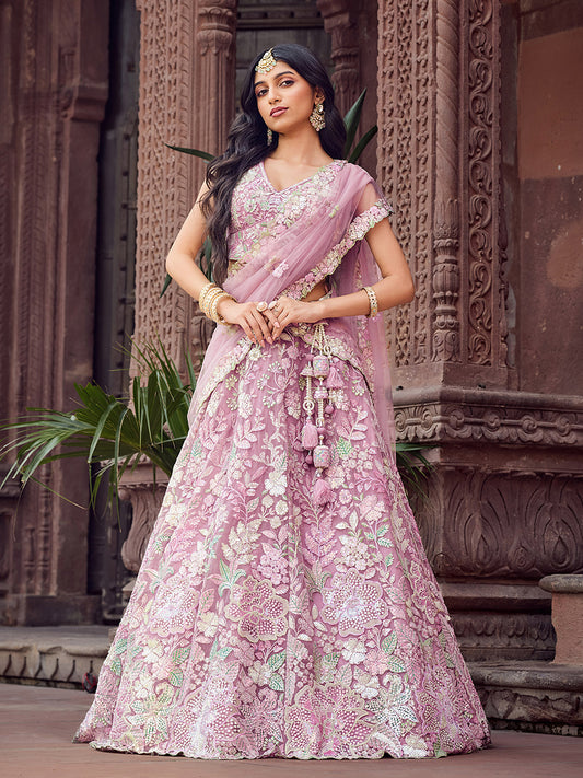 Pink Net Sequins embroidery Lehenga Choli for Engagement