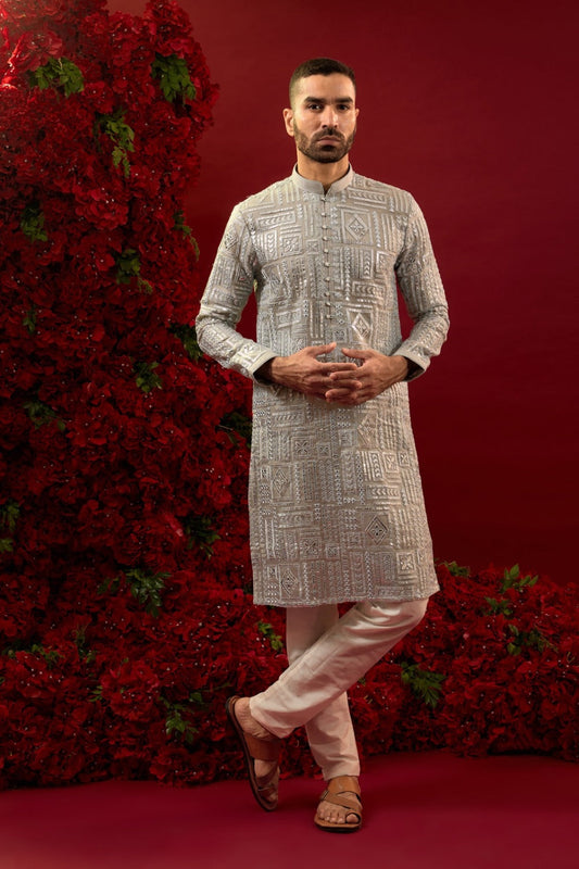 Silver silk kurta & pajama with machine work