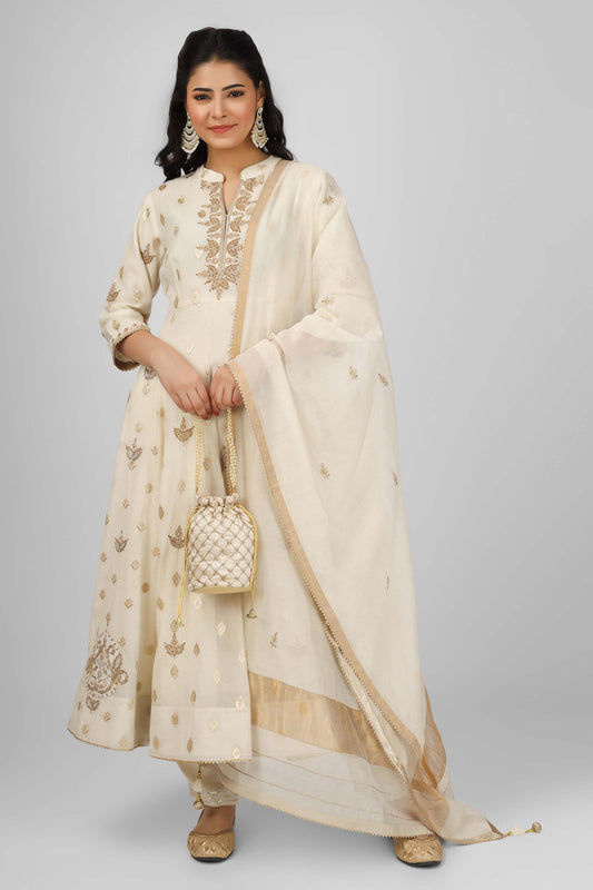 Taj Ivory colored Dori Embroidered Kalidar set