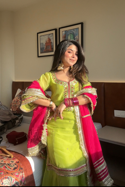 Khwahish Neon Green Organza Mirror Work Sharara Set