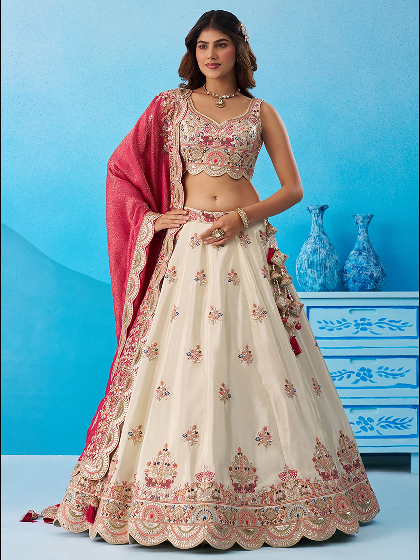 Cream Tissue Gota & Sequins Embroidered Lehenga with Rani Pink Dupatta for Bridesmaid