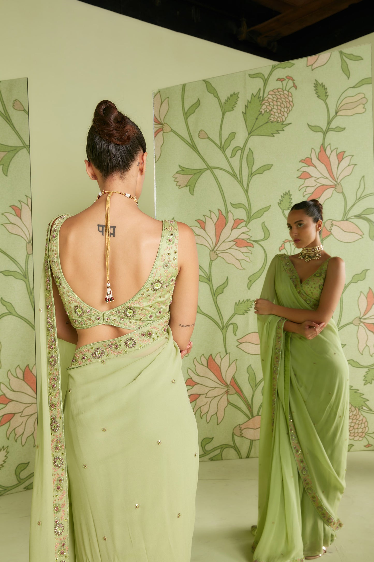 Pistachio Green Georgette Classic Hunar Saree