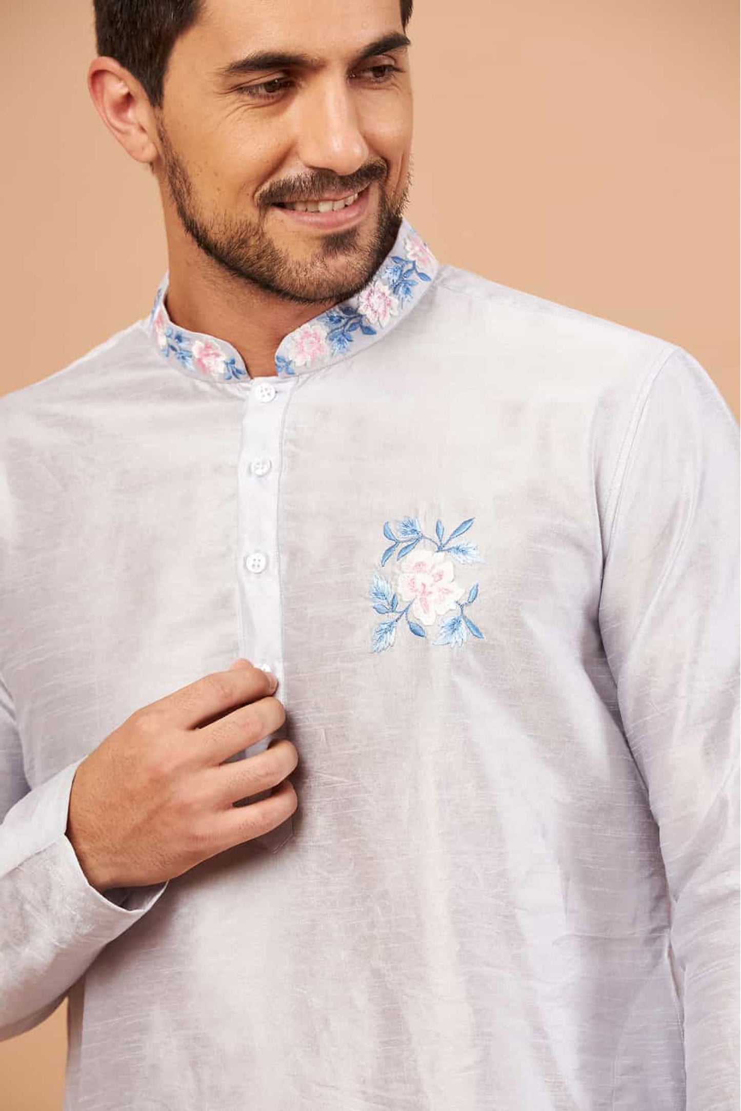 Cadet Grey Semi Raw Silk Thread Embroidered ( only Kurta )
