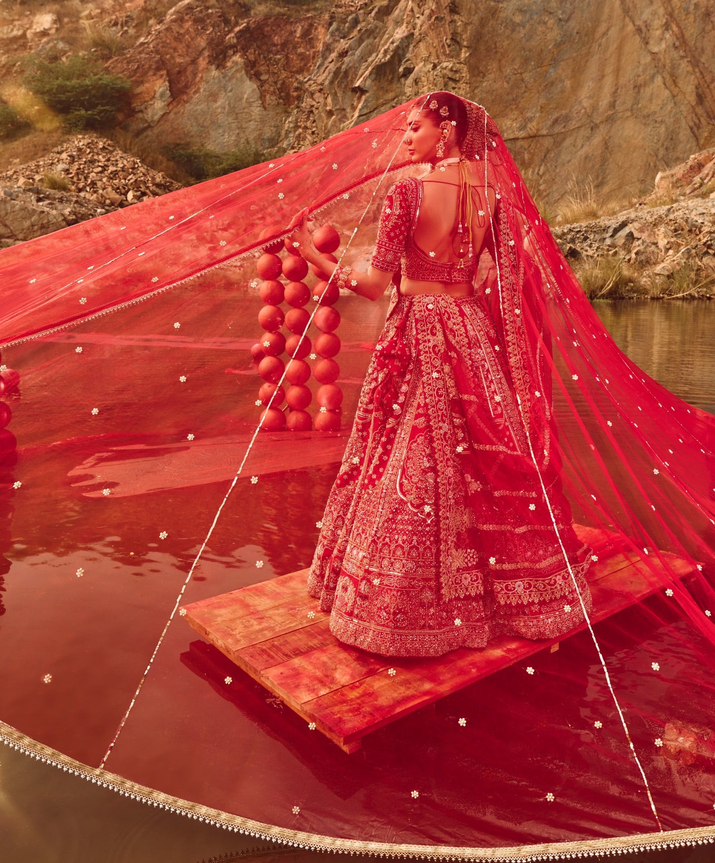 Red Silk Mirror & Shisha Embroidered Bridal Lehenga