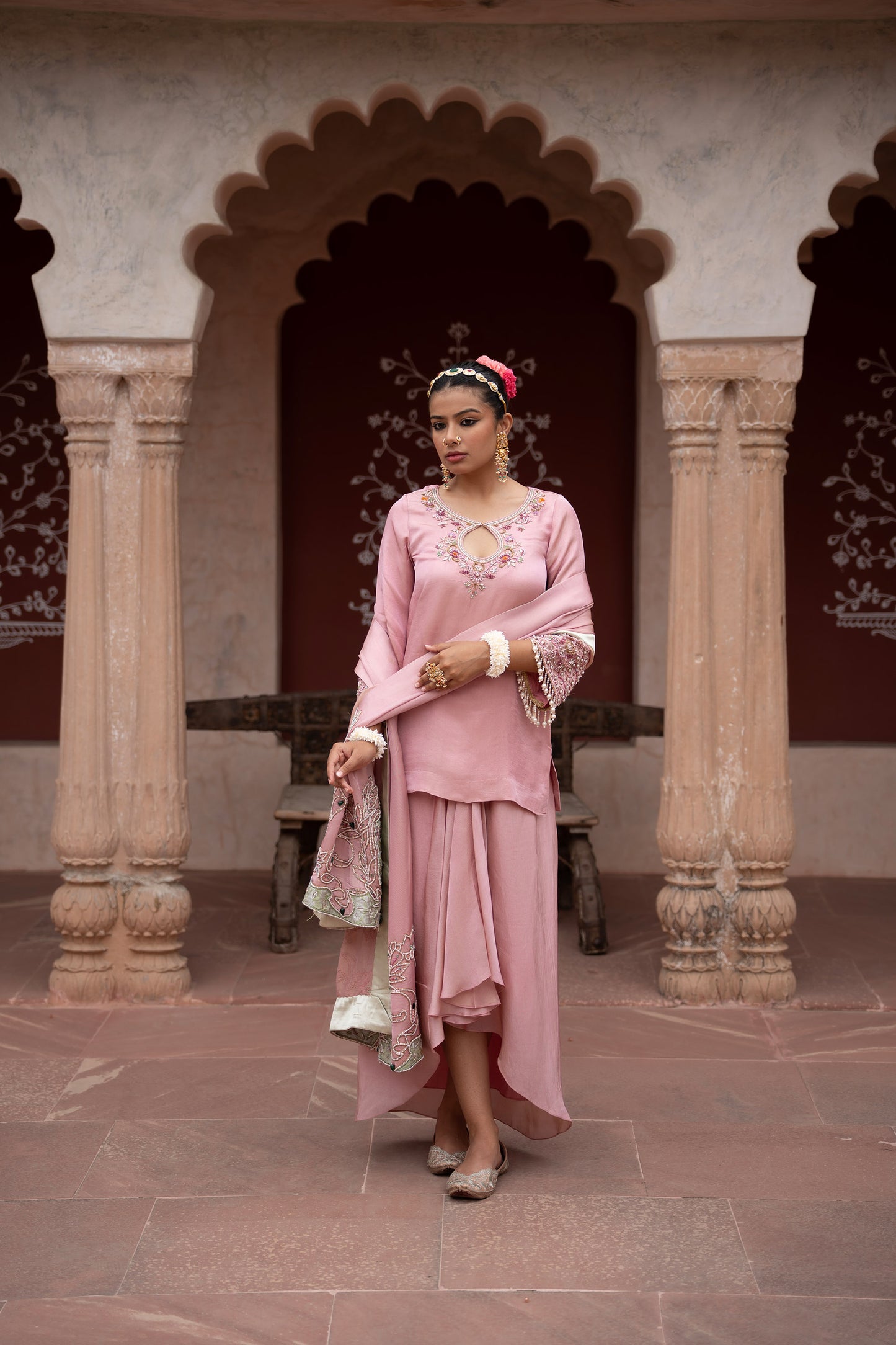 Noor Gulabi Hand-Embroidered Dhoti Set