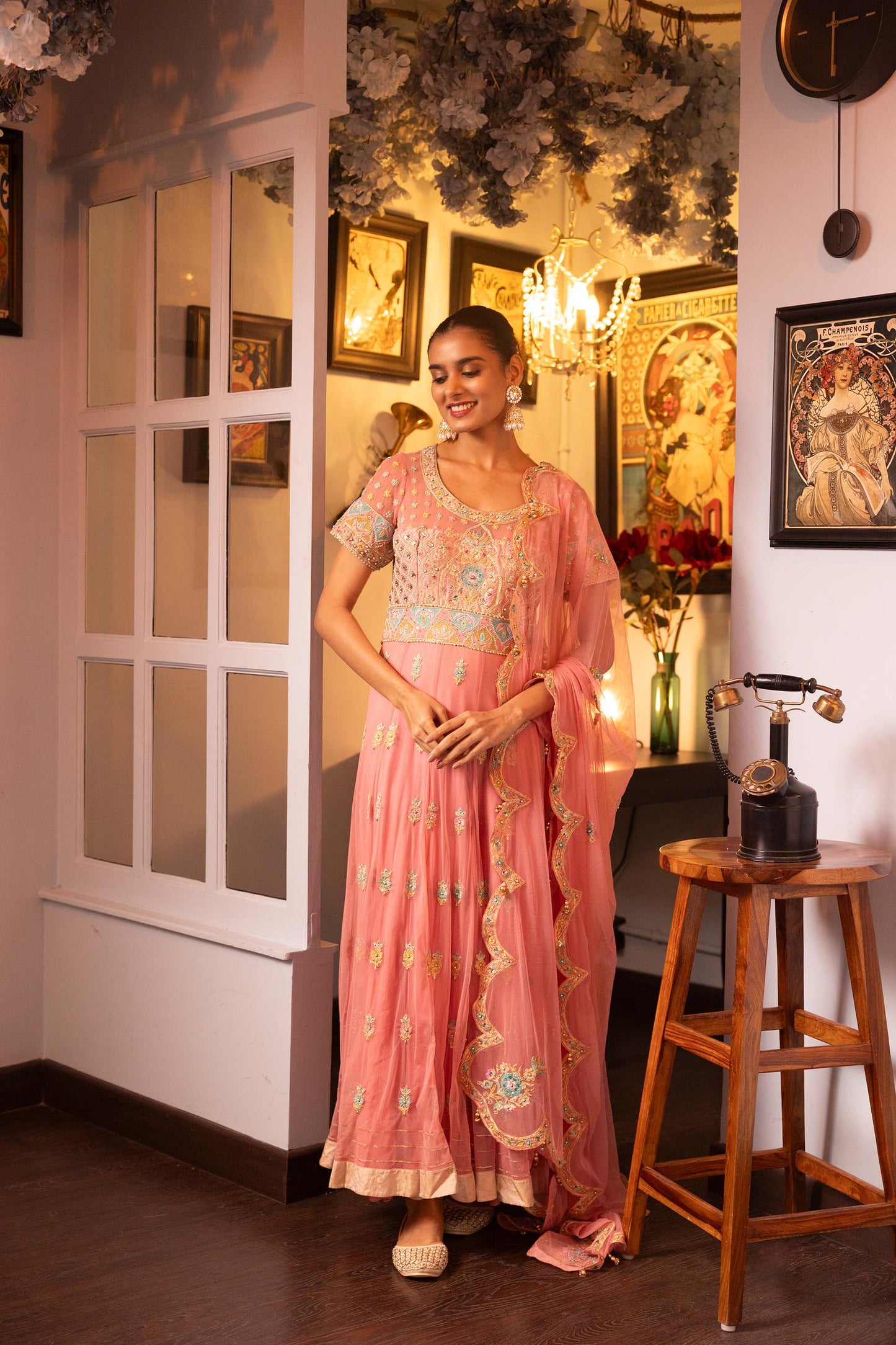 Pietra Dura Pink Net Machine Embroidered Bridesmaid Anarkali