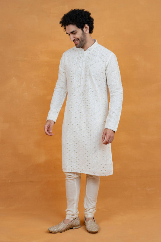White silk kurta set with golden thread work