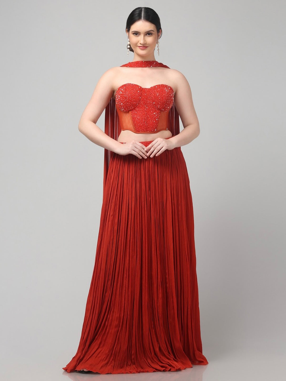 Rust Orange Corset Pure Chinnon Cutdana & Sequence Hand Work Party Wear  pleated Skirt & Dupatta
