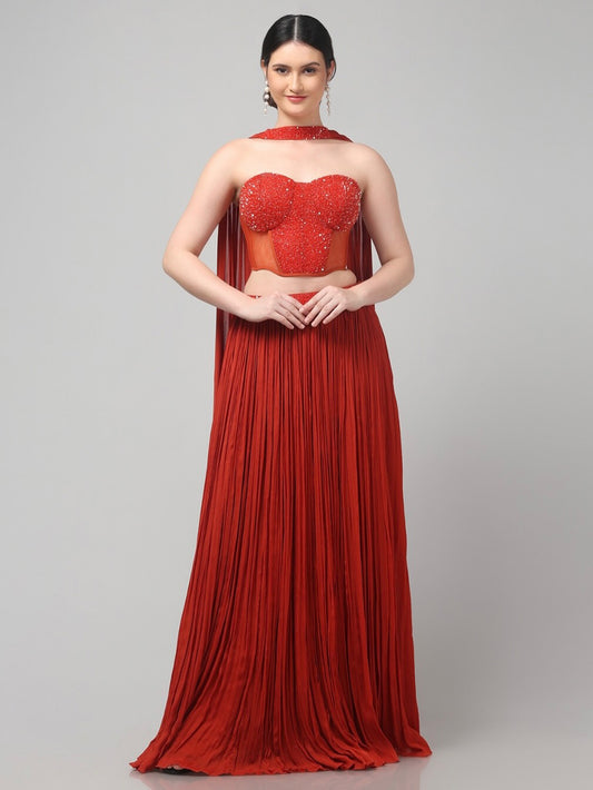 Rust Orange Corset Pure Chinnon Cutdana & Sequence Hand Work Party Wear  pleated Skirt & Dupatta