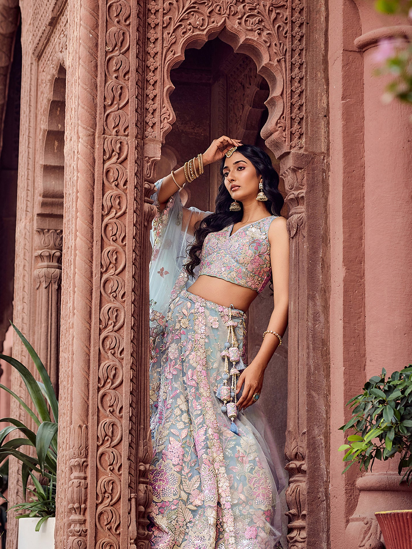 Turquoise Blue Net Sequins embroidery Lehenga Choli for Wedding
