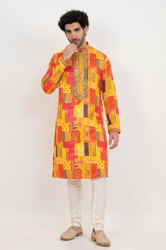 Multicolour resham embroidered satin lenin kurta set with kasab and mirror work