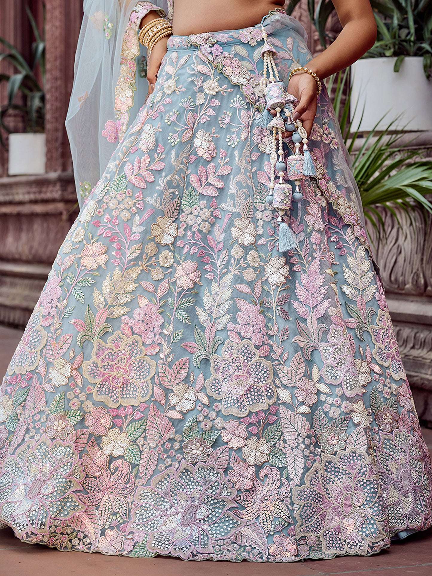 Turquoise Blue Net Sequins embroidery Lehenga Choli for Wedding