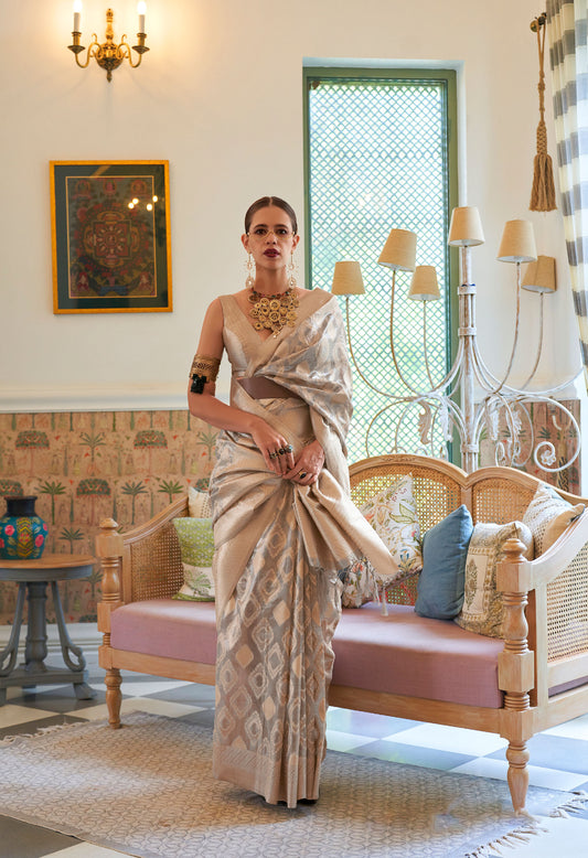 Silver Kalki Multi Tissue Zari Handloom Saree