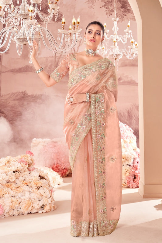 Peach soft silk saree with matching unstitched blouse