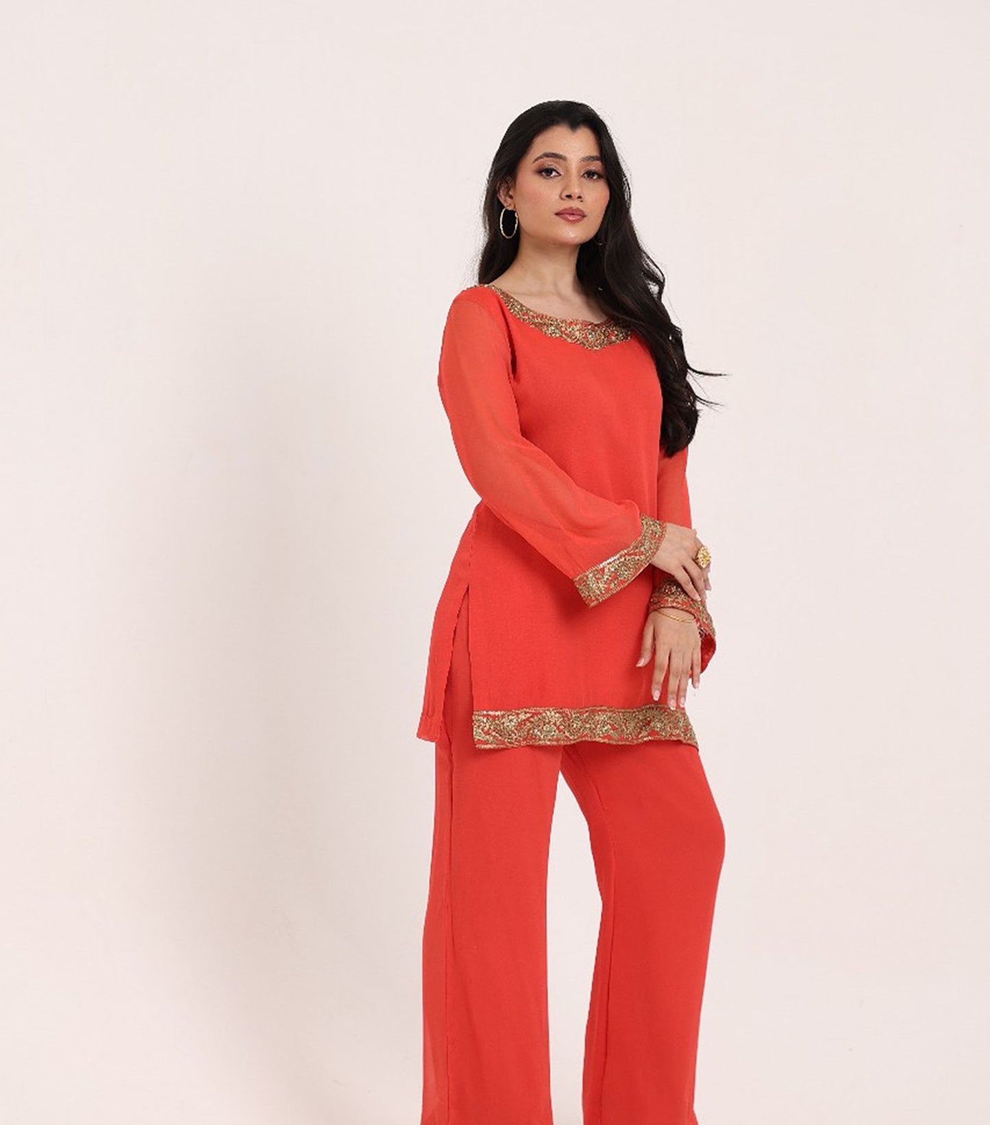 Rust Orange Georgette Zari Embroidered Festive coord set