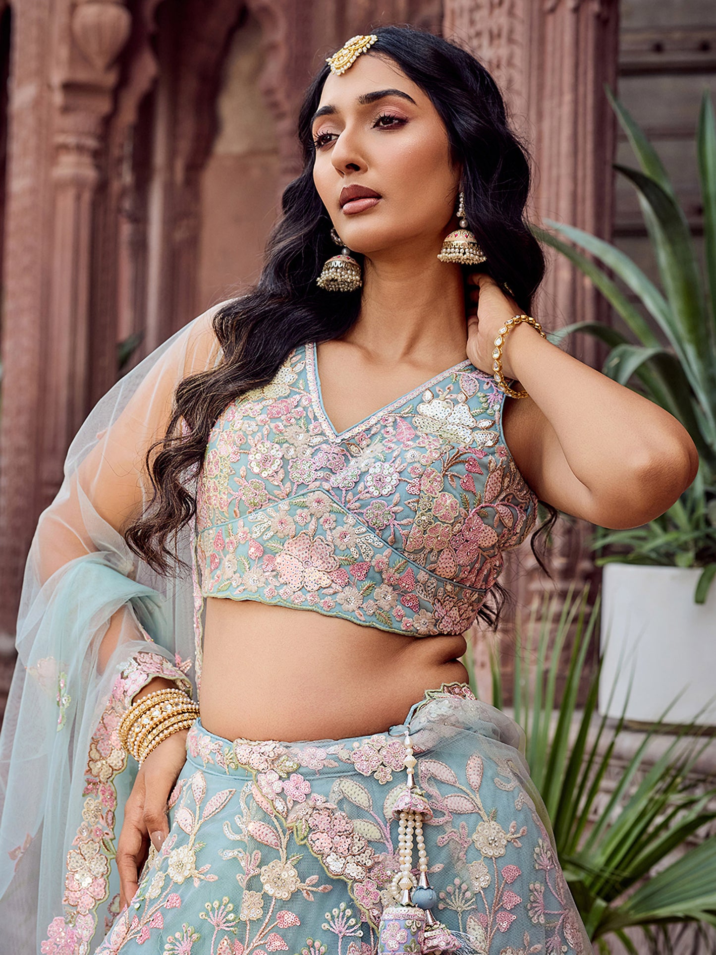 Turquoise Blue Net Sequins embroidery Lehenga Choli for Wedding
