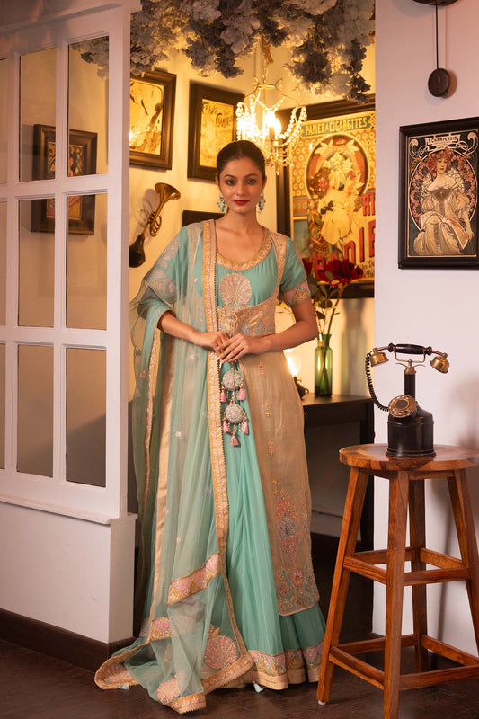 Pietra Dura Turquoise Georgette  Machine Embroidered Bridesmaid Anarkali