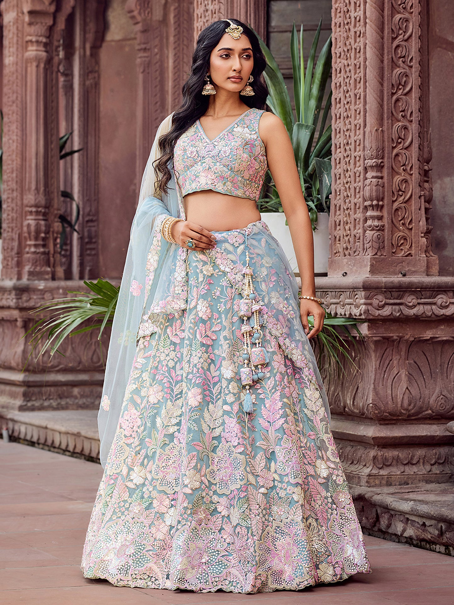 Turquoise Blue Net Sequins embroidery Lehenga Choli for Wedding