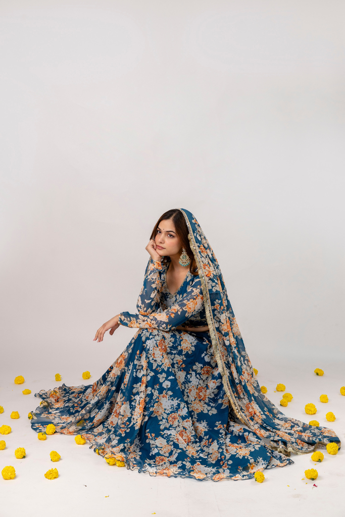 Neelima Blue Chiffon Floral Festive Lehenga Skirt
