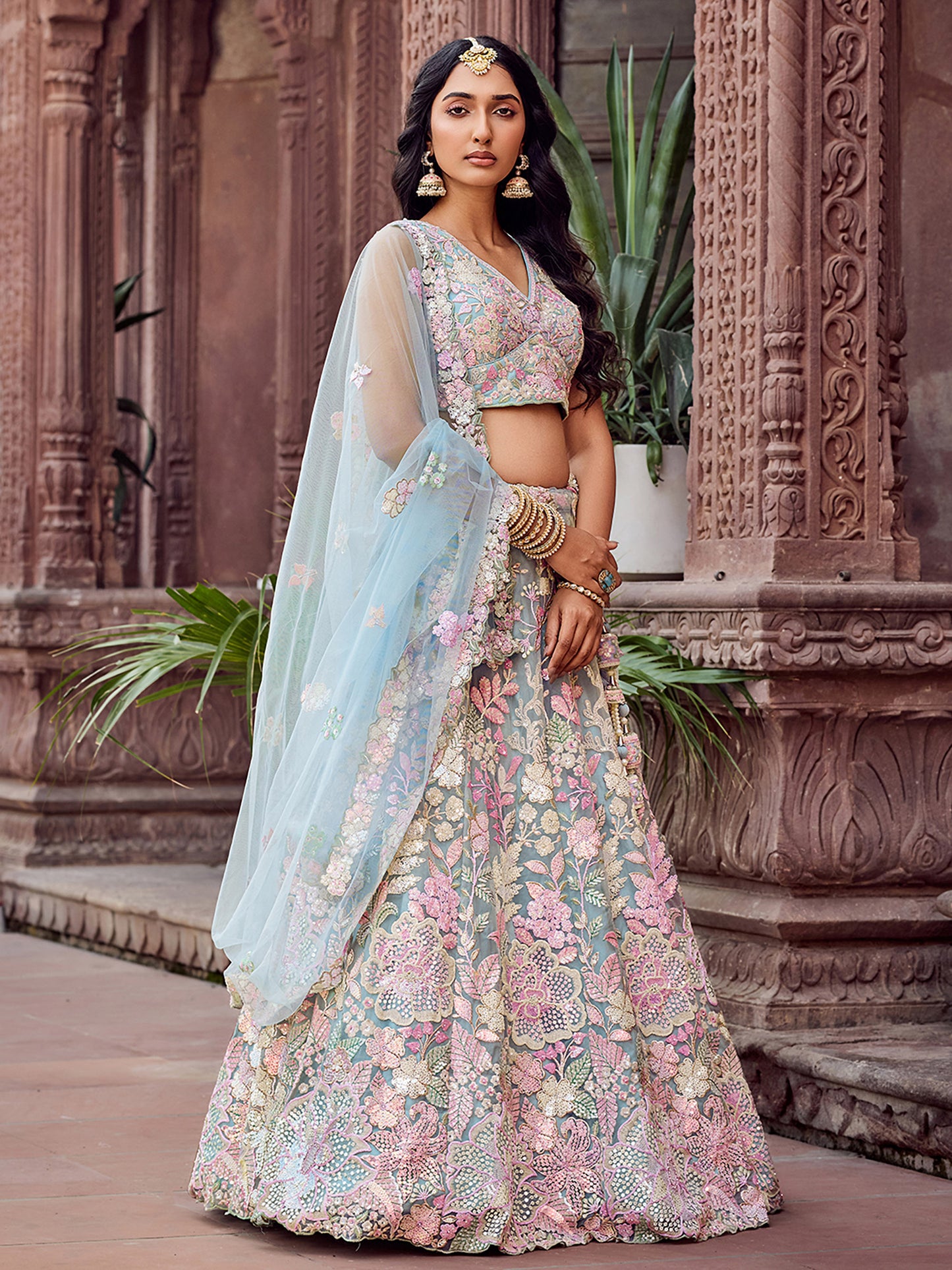 Turquoise Blue Net Sequins embroidery Lehenga Choli for Wedding