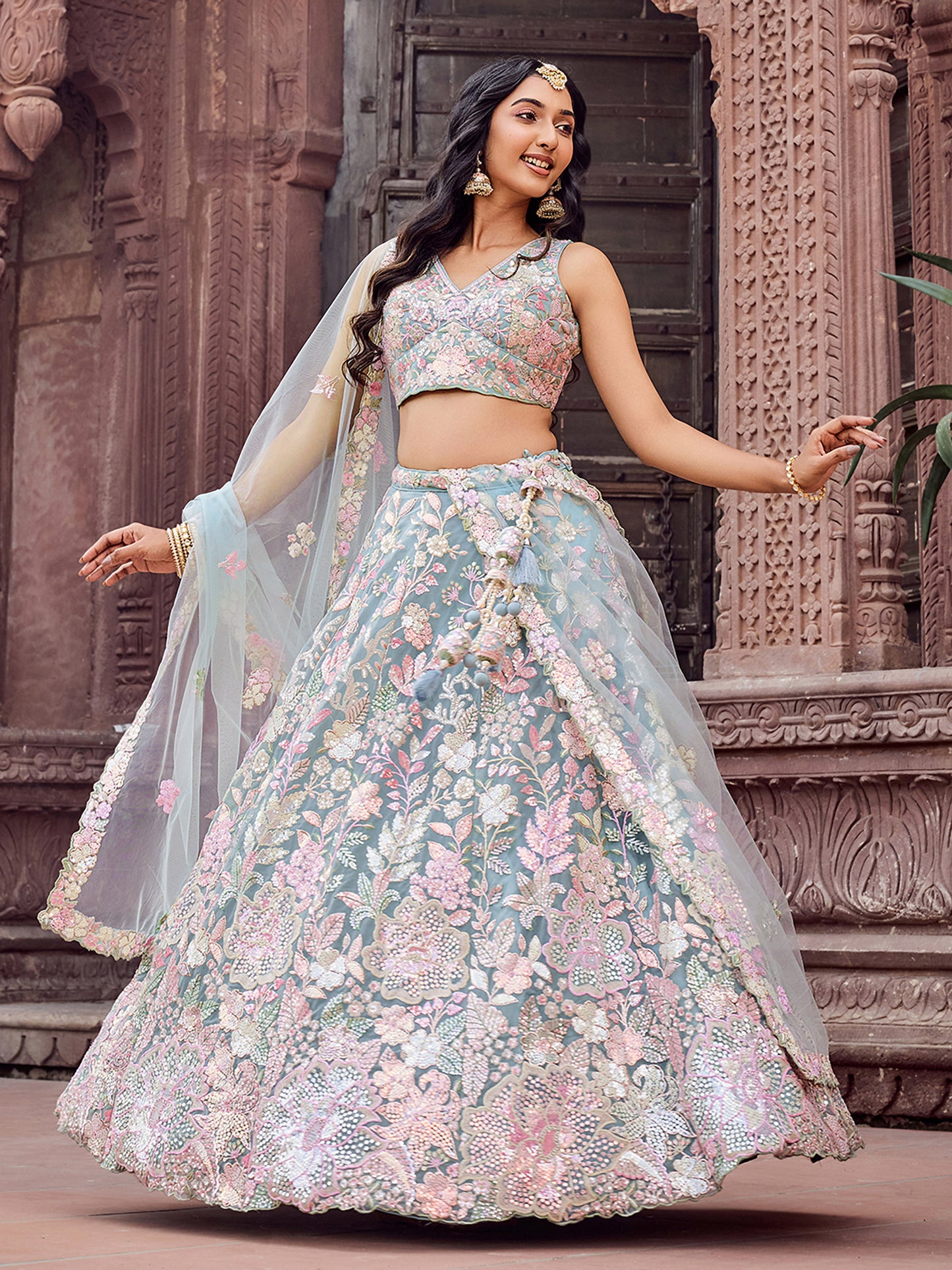 Turquoise Blue Net Sequins embroidery Lehenga Choli for Wedding