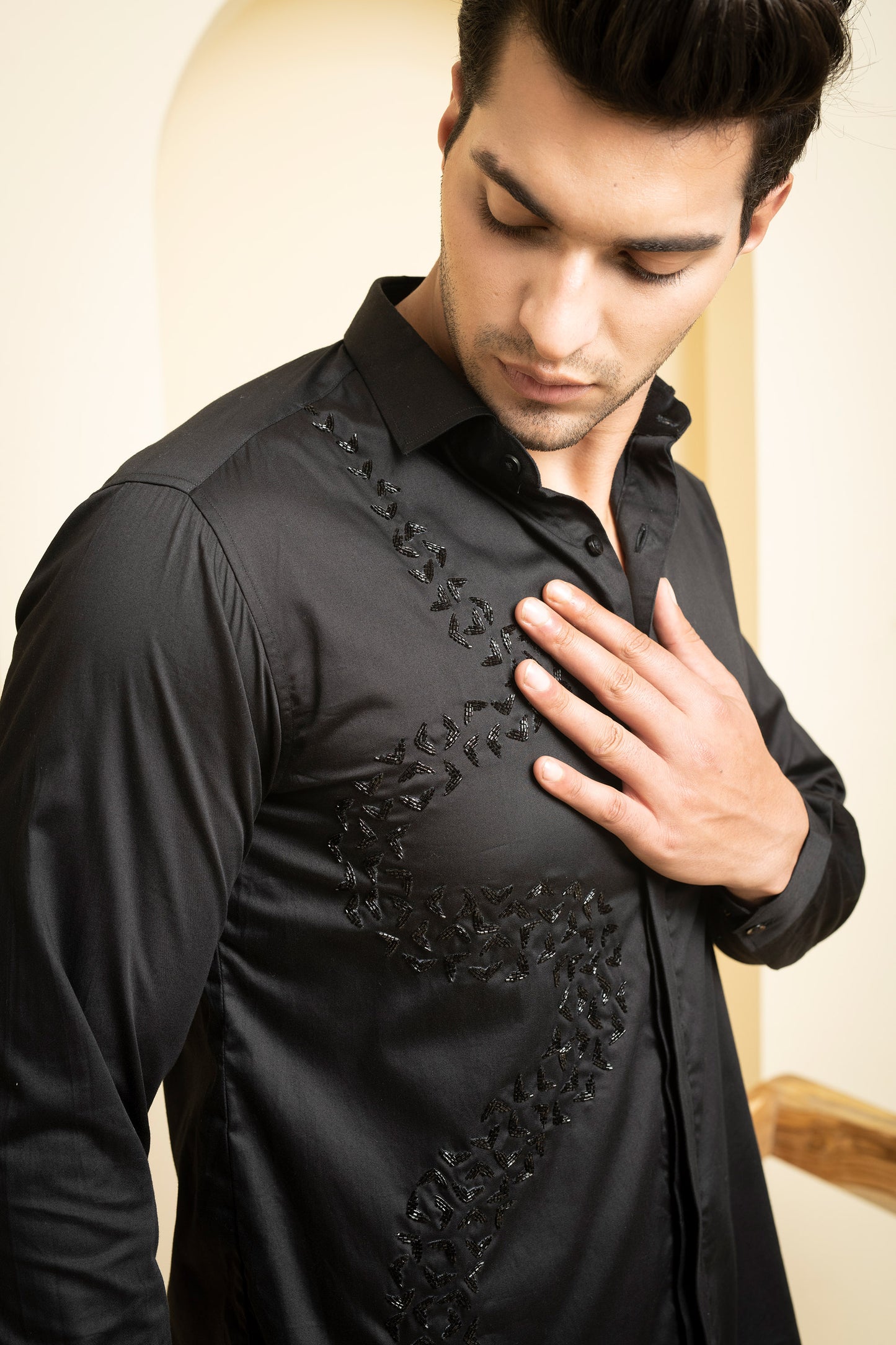 Black Cotton satin Awel Party Wear Shirt