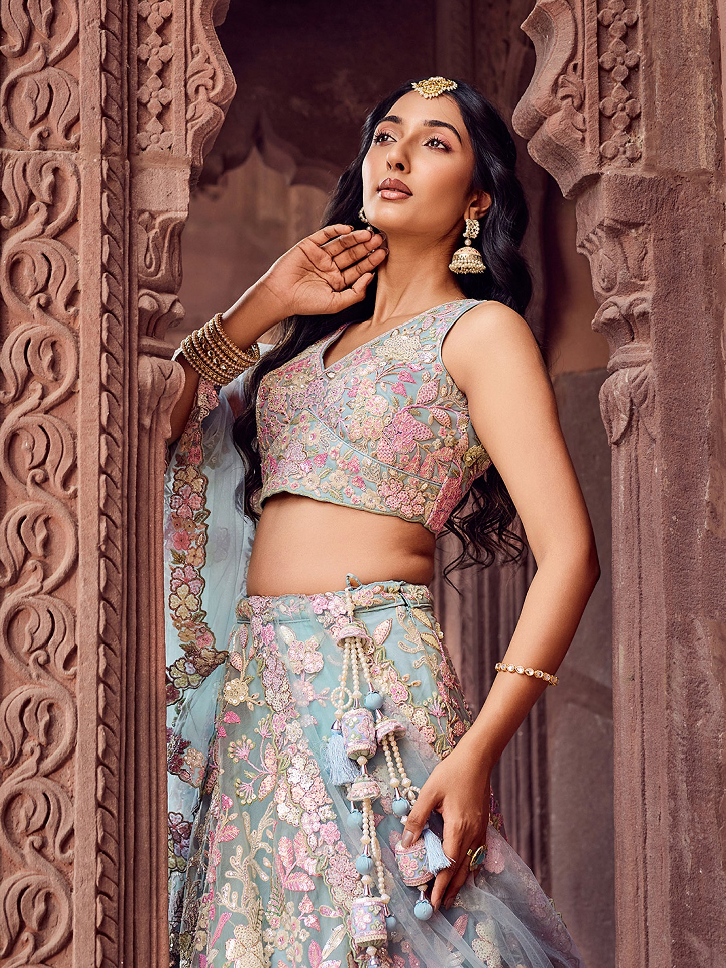 Turquoise Blue Net Sequins embroidery Lehenga Choli for Wedding