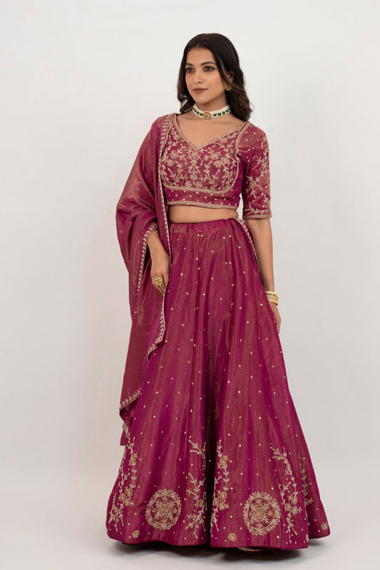Magenta tissue silk zardozi embroidered lehenga choli with hand cut dana and beads work