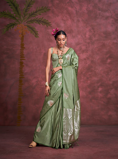 Sage Green Kanthkala Satin  Silk Handloom Banarasi Zari Weaving Saree