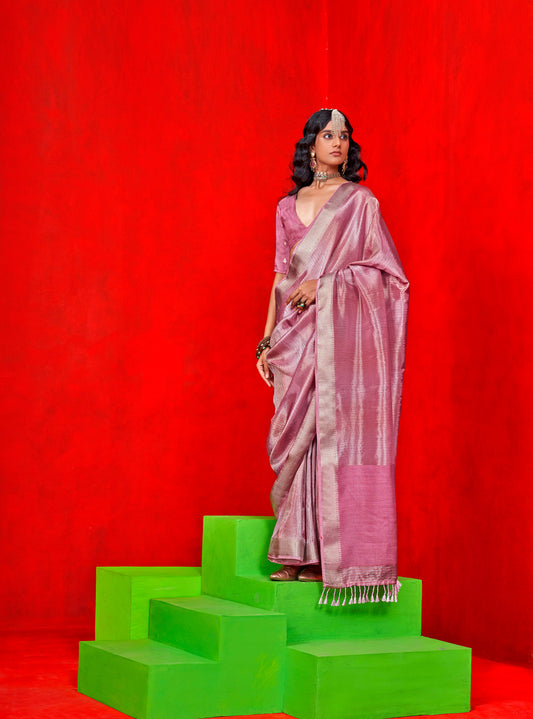 Pink Kontigo Pure Viscose Zari Tissue Saree