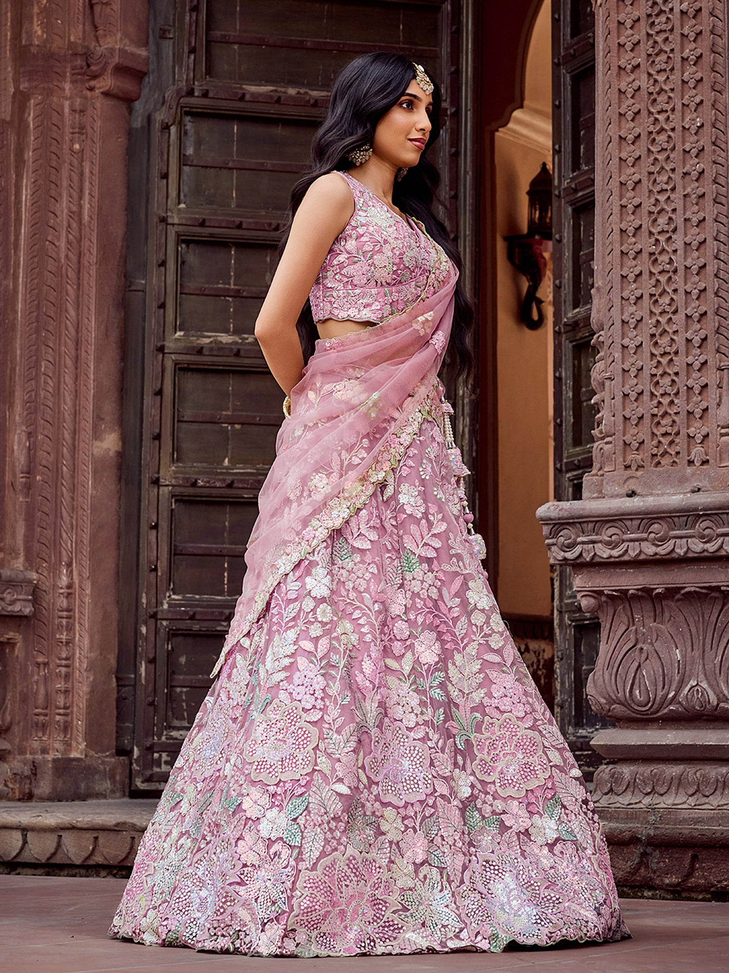 Pink Net Sequins embroidery Lehenga Choli for Engagement