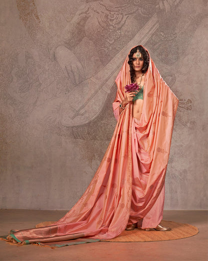 Orange Kirtan Two Tone Handloom Weaving Silk Saree With Contrast Pallu