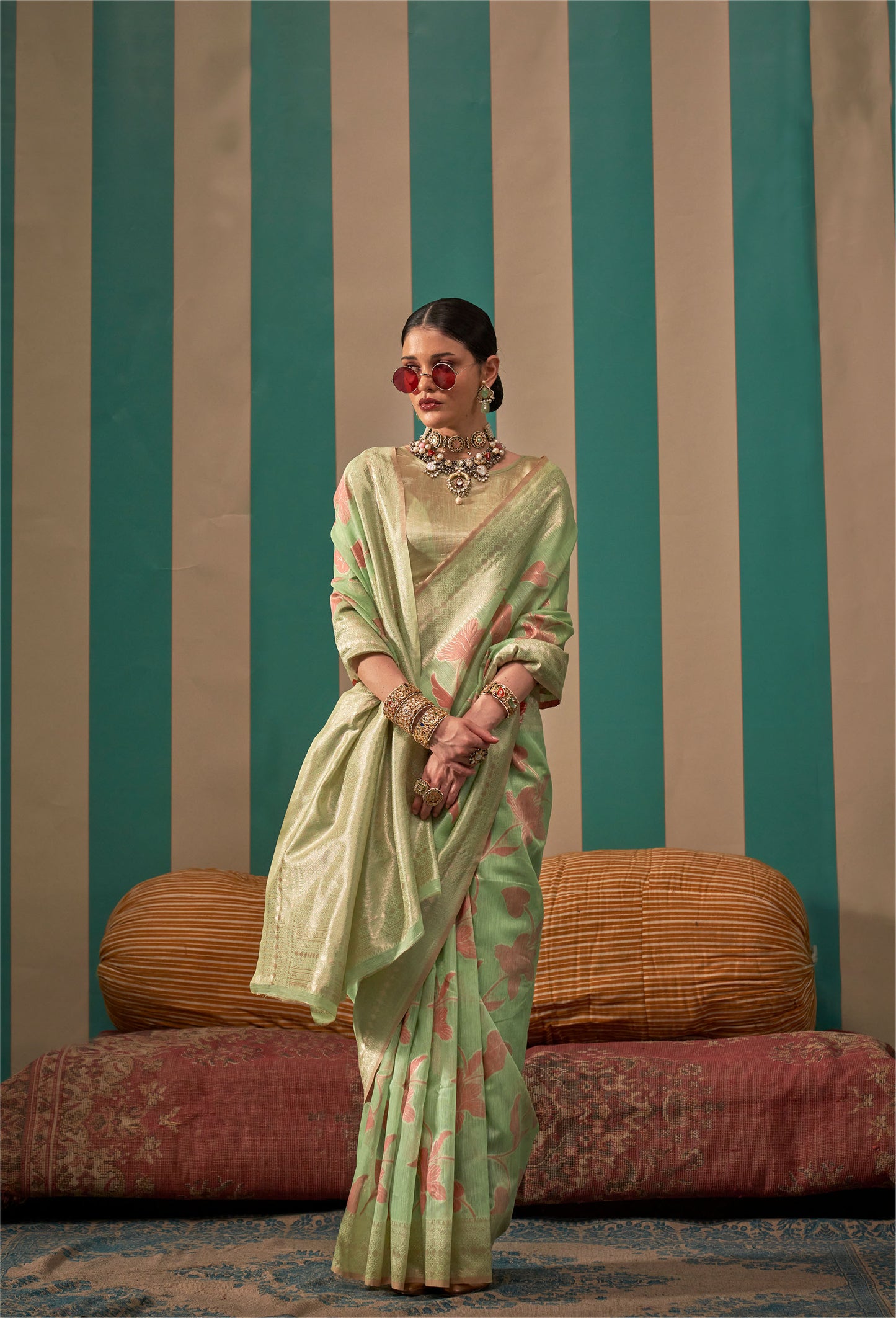 Mint Green Kapri Linen Handloom Silk Saree