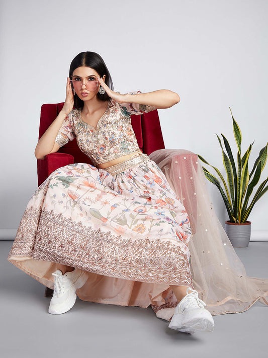 Cream colour Organza Floral design digital print Lehenga