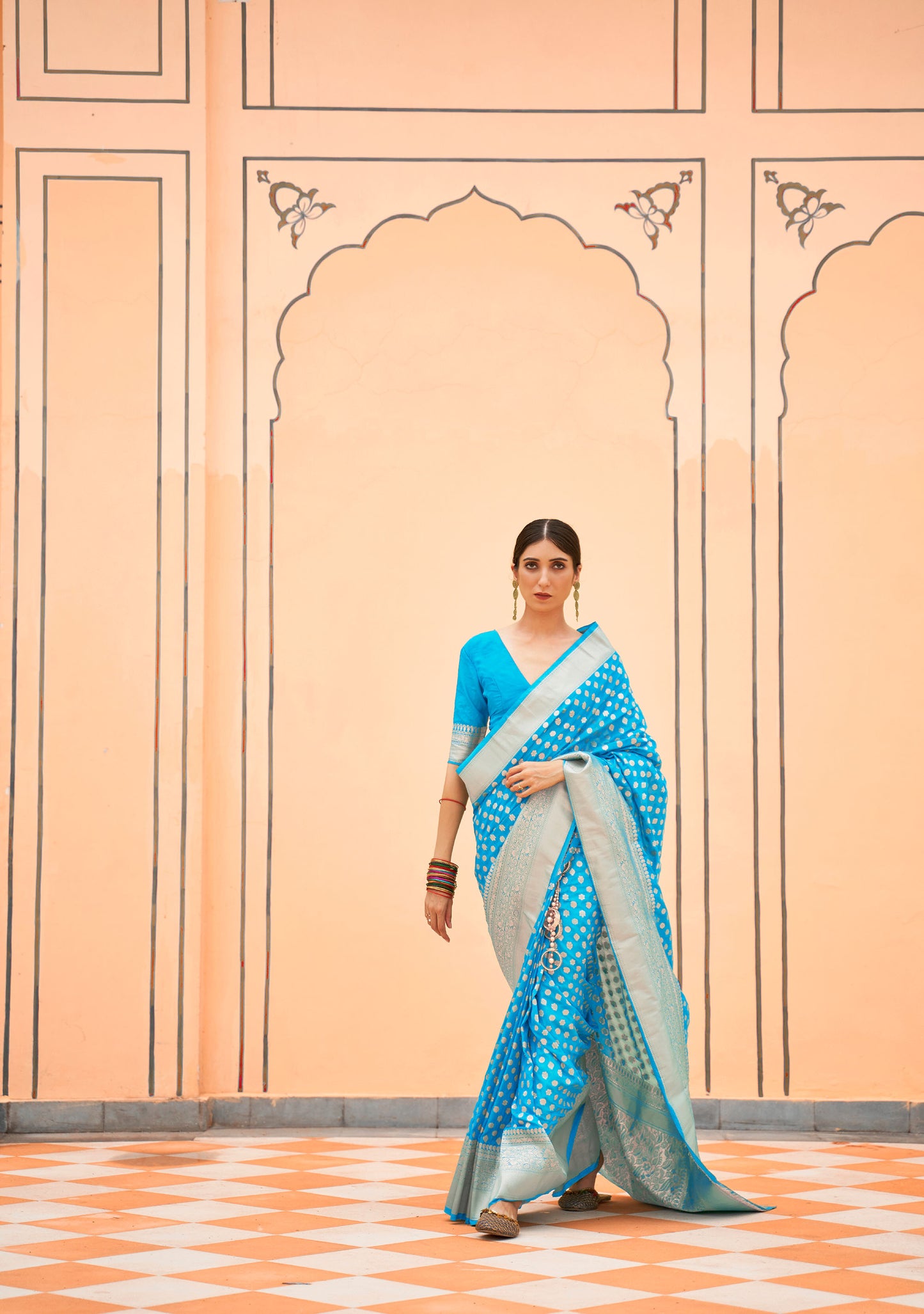 Sky Blue Khadi Georgette Nylon Handloom Saree