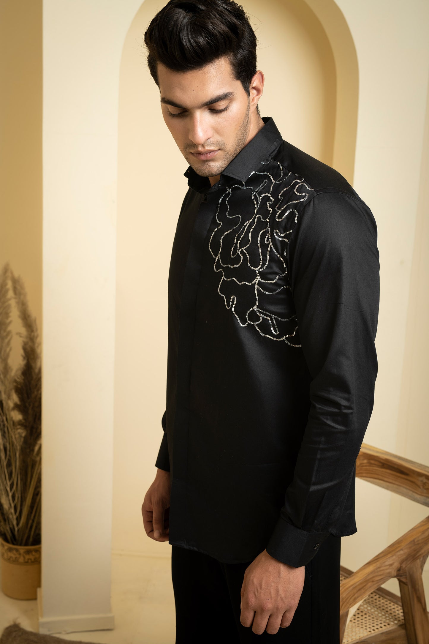 Black Cotton satin Sterling Party Wear Shirt