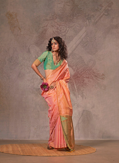 Orange Kirtan Two Tone Handloom Weaving Silk Saree With Contrast Pallu