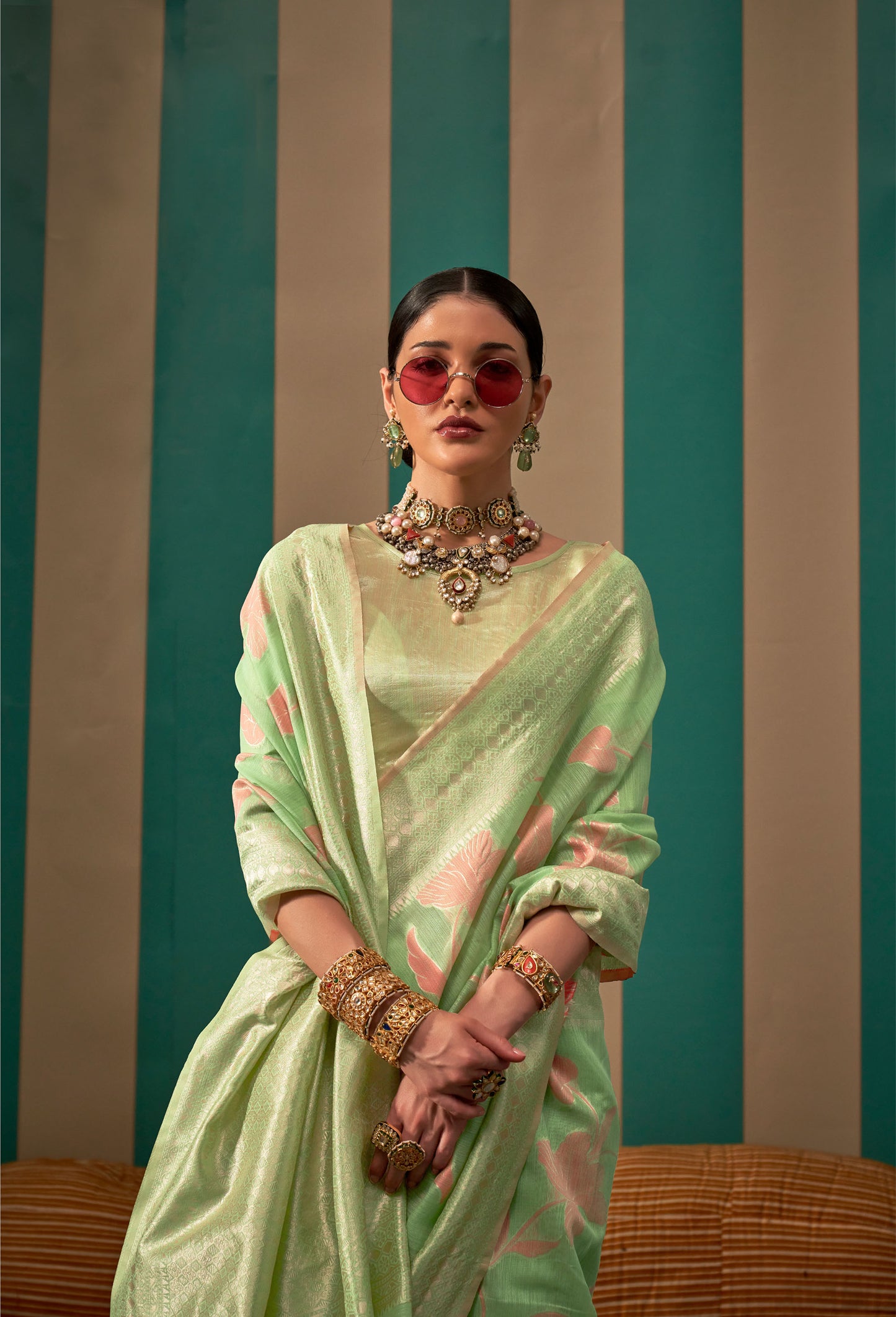 Mint Green Kapri Linen Handloom Silk Saree