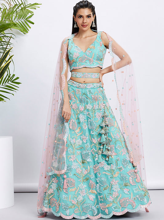 Turquoise blue Net Sequins and thread embroidery Lehenga