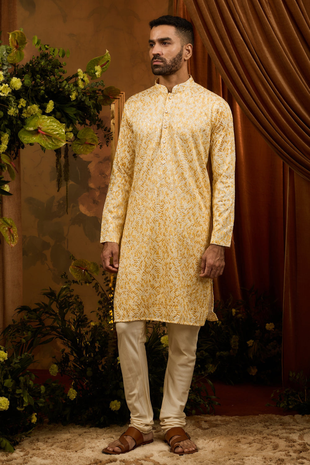 Yellow silk kurta pajama set with sequin machine work