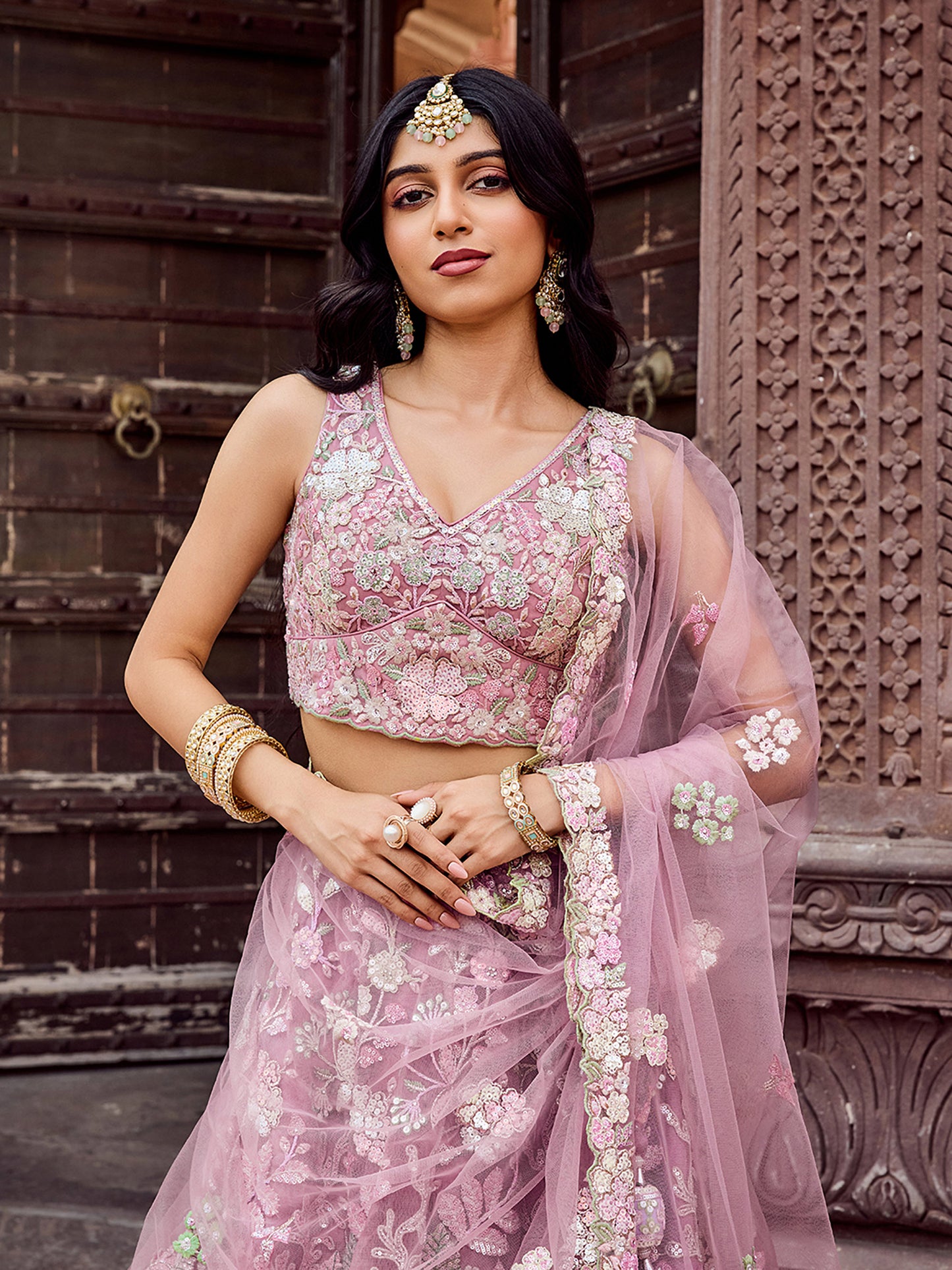 Pink Net Sequins embroidery Lehenga Choli for Engagement